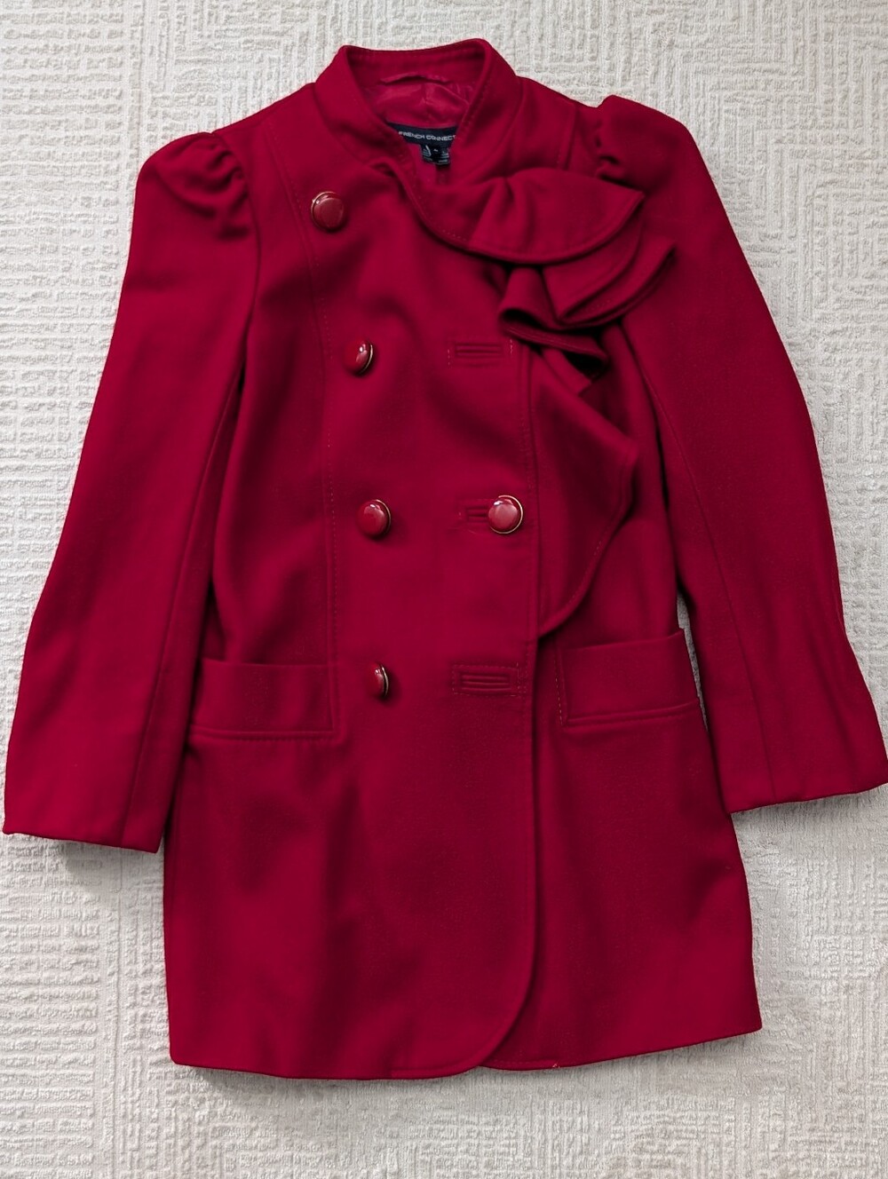 French Connection: Red Double-Breasted Button Ruffle Coat  (US 4 Womens)